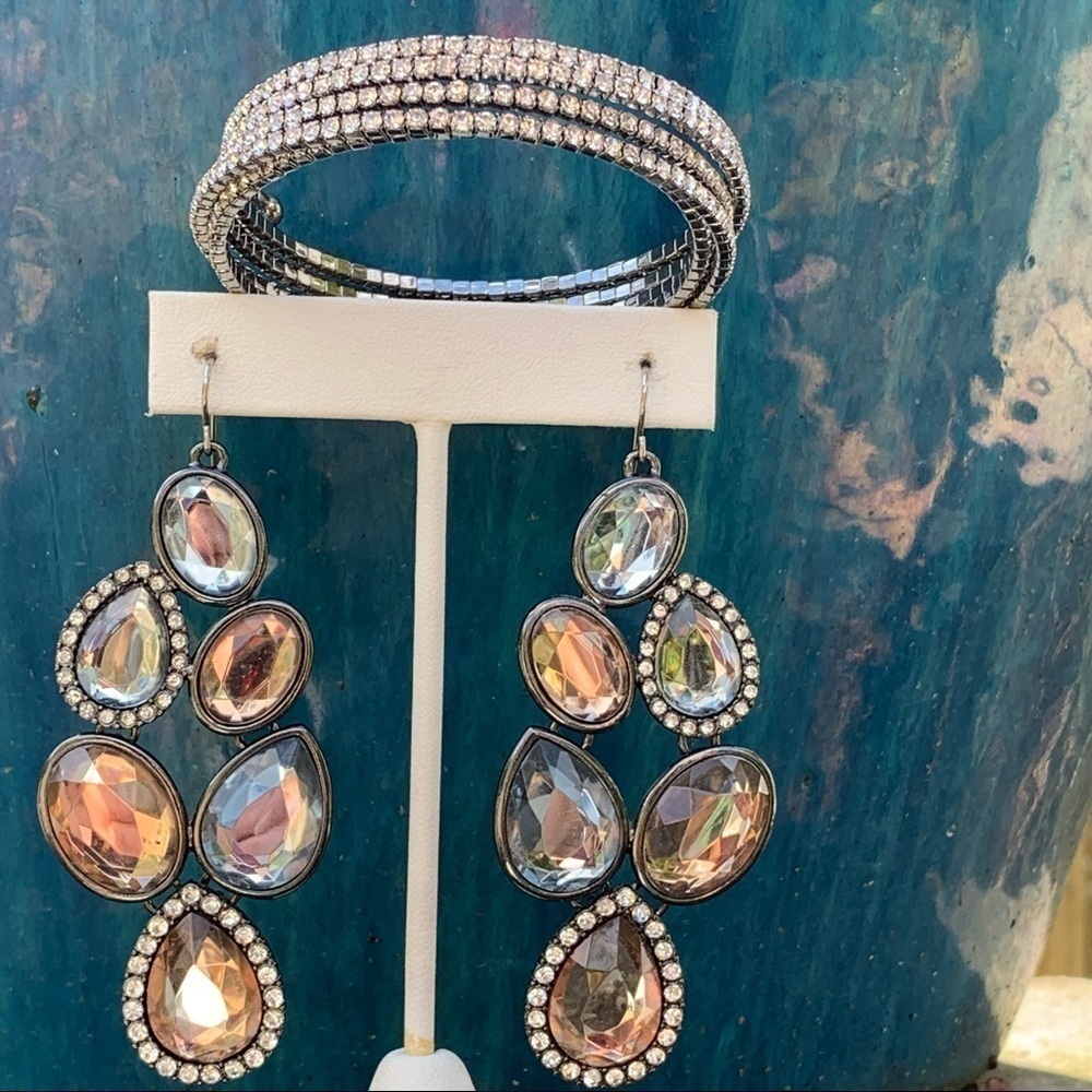 CZ wrap bracelet with smoky crystal rhinestone teardrop statement earrings set
